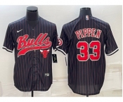 Men's Chicago Bulls #33 Scottie Pippen Black Pinstripe With Patch Cool Base Stitched Baseball Jersey