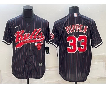 Men's Chicago Bulls #33 Scottie Pippen Black Pinstripe With Patch Cool Base Stitched Baseball Jersey