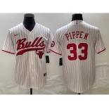 Men's Chicago Bulls #33 Scottie Pippen White Pinstripe Cool Base Stitched Baseball Jersey