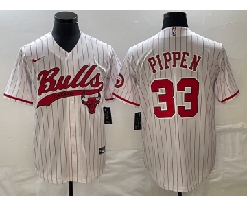 Men's Chicago Bulls #33 Scottie Pippen White Pinstripe Cool Base Stitched Baseball Jersey