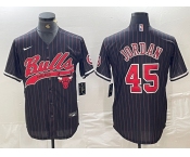 Men's Chicago Bulls #45 Michael Jordan Black Pinstripe Cool Base Stitched Baseball Jersey