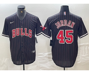 Men's Chicago Bulls #45 Michael Jordan Black Pinstripe Cool Base Stitched Baseball Jerseys