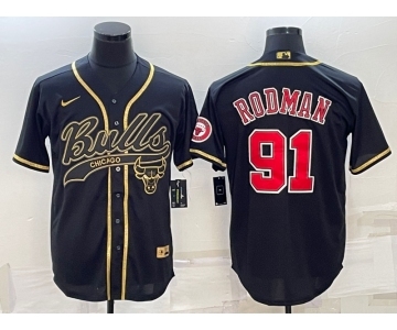 Men's Chicago Bulls #91 Dennis Rodman Black Gold With Patch Cool Base Stitched Baseball Jersey