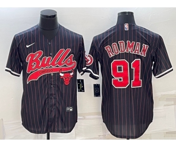 Men's Chicago Bulls #91 Dennis Rodman Black Pinstripe With Patch Cool Base Stitched Baseball Jersey