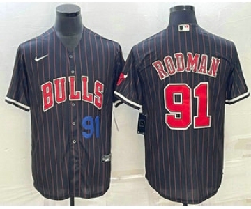 Men's Chicago Bulls #91 Dennis Rodman Number Black With Patch Cool Base Stitched Baseball Jersey