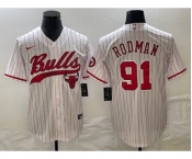 Men's Chicago Bulls #91 Dennis Rodman White Pinstripe Cool Base Stitched Baseball Jersey