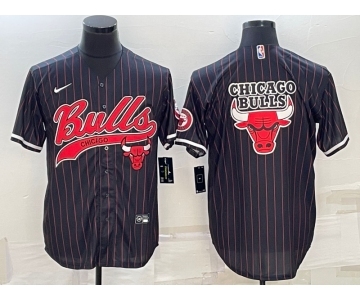 Men's Chicago Bulls Black Pinstripe Team Big Logo With Patch Cool Base Stitched Baseball Jersey