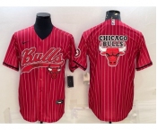 Men's Chicago Bulls Blank Red Pinstripe Team Big Logo With Patch Cool Base Stitched Baseball Jersey