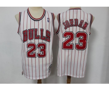 Men's Mitchell and Ness Chicago Bulls #23 Michael Jordan White(Red Stripe) Throwback Basketball Jersey