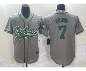 Men's Boston Celtics #7 Jaylen Brown Grey With Patch Stitched Baseball Jersey