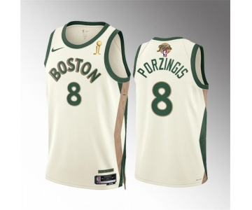 Men's Boston Celtics #8 Kristaps Porzingis 2024 Finals Champions City Edition Stitched Basketball Jersey