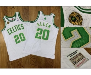 Men's Celtics #20 Ray Allen White 2007-08 Champions Patch Stitched Hardwood Classics Jersey