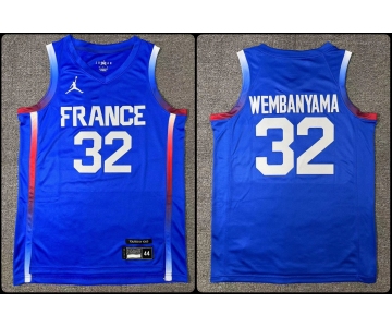 Men's #32 Victor Wembanyama Blue FR Stitched Basketball Jersey