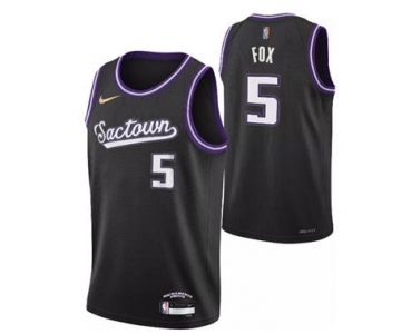 Men's Sacramento Kings #5 De'Aaron Fox 2021-2022 Black City Edition 75th Anniversary Stitched Basketball Jersey