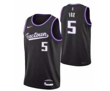 Men's Sacramento Kings #5 De'Aaron Fox 2021-2022 Black City Edition 75th Anniversary Stitched Jersey