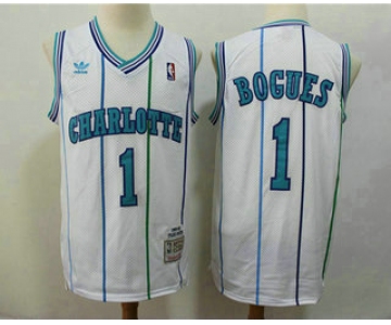 Men's Charlotte Hornets #1 Muggsy Bogues 1992-93 White Hardwood Classics Soul Swingman Throwback Jersey With Adidas