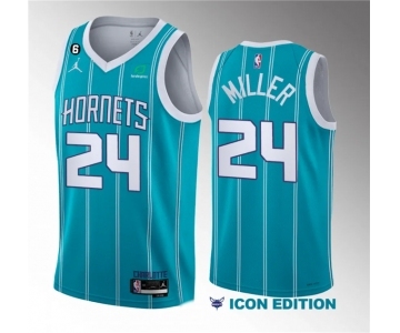 Men's Charlotte Hornets #24 Brandon Miller Blue 6 Patch Sponsor 2023 Icon Edition Stitched Jersey