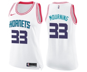 Women's Nike Charlotte Hornets #33 Alonzo Mourning Swingman White Pink Fashion NBA Jersey