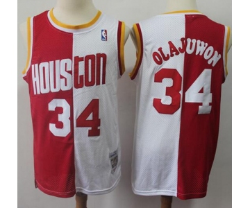 Split Fashion Rockets #34 Hakeem Olajuwon Red White Stitched Basketball Jersey