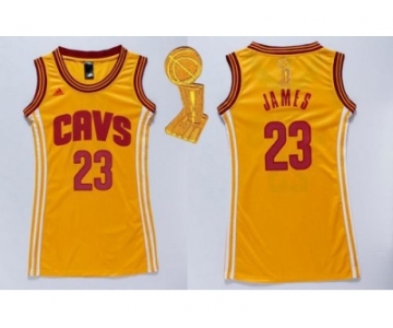 NBA Women Cavaliers #23 LeBron James Gold The Champions Patch Dress Stitched Jerseys