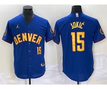 Men's Denver Nuggets #15 Nikola Jokic Blue With Patch Stitched Baseball Jersey