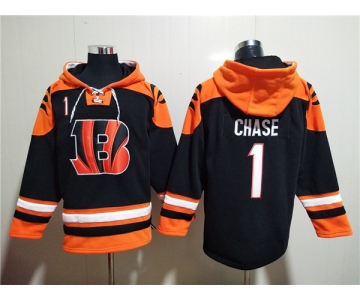 Men's Cincinnati Bengals #1 Ja'Marr Chase Orange Black Ageless Must-Have Lace-Up Pullover Hoodie