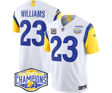 Men's Los Angeles Rams #23 Kyren Williams White 2024 NFC West Champions With 4-Star C Patch F.U.S.E. Vapor Untouchable Stitched Football Jersey