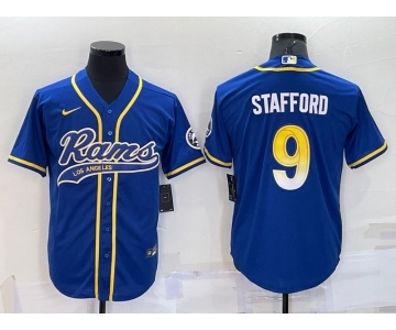 Men's Los Angeles Rams #9 Matthew Stafford Royal With Patch Cool Base Stitched Baseball Jersey