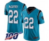 Men's Carolina Panthers #22 Christian McCaffrey Limited Blue Rush Vapor Untouchable 100th Season Football Jersey