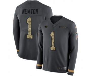 Men's Nike Carolina Panthers #1 Cam Newton Limited Black Salute to Service Therma Long Sleeve NFL Jersey