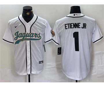 Men's Jacksonville Jaguars #1 Travis Etienne Jr. White With Patch Cool Base Baseball Stitched Jersey