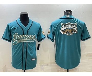 Men's Jacksonville Jaguars Teal Team Big Logo With Patch Cool Base Stitched Baseball Jersey