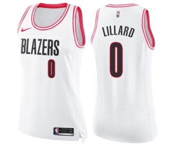 Women's Nike Portland Trail Blazers #0 Damian Lillard Swingman White Pink Fashion NBA Jersey