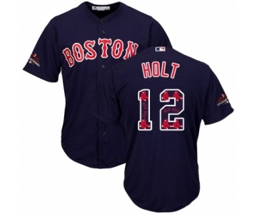 Men's Majestic Boston Red Sox #12 Brock Holt Authentic Navy Blue Team Logo Fashion Cool Base 2018 World Series Champions MLB Jersey