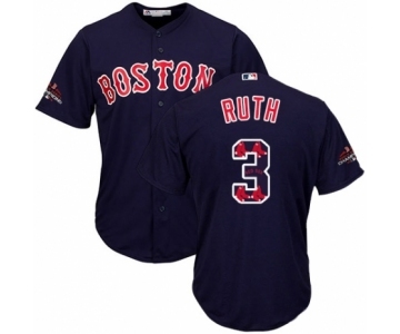 Men's Majestic Boston Red Sox #3 Babe Ruth Authentic Navy Blue Team Logo Fashion Cool Base 2018 World Series Champions MLB Jersey