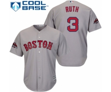 Men's Majestic Boston Red Sox #3 Babe Ruth Replica Grey Road Cool Base 2018 World Series Champions MLB Jersey