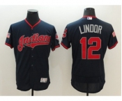 Men Cleveland Indians #12 Francisco Lindor Majestic Navy 2016 Independence Day Stars & Stripes Flex Base Jersey