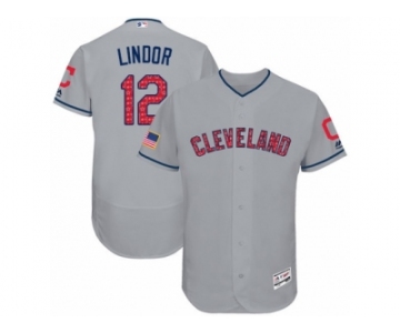 Men's Majestic Cleveland Indians #12 Francisco Lindor Grey Stars & Stripes Authentic Collection Flex Base MLB Jersey