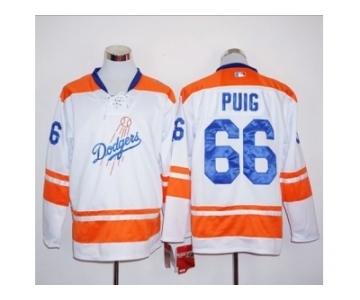 Los Angeles Dodgers #66 Yasiel Puig White Orange Long Sleeve Stitched MLB Jersey