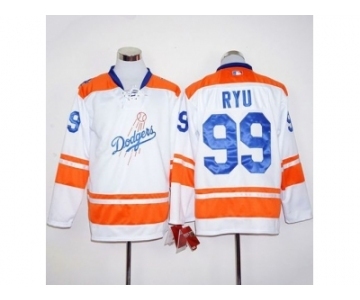 Los Angeles Dodgers #99 Hyun-Jin Ryu White Orange Long Sleeve Stitched MLB Jersey