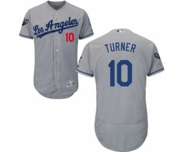 Men's Majestic Los Angeles Dodgers #10 Justin Turner Grey Road Flex Base Authentic Collection 2018 World Series MLB Jersey