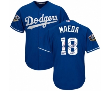 Men's Majestic Los Angeles Dodgers #18 Kenta Maeda Authentic Royal Blue Team Logo Fashion Cool Base 2018 World Series MLB Jersey