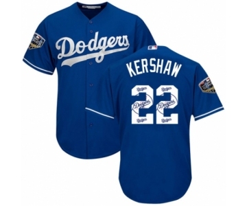 Men's Majestic Los Angeles Dodgers #22 Clayton Kershaw Authentic Royal Blue Team Logo Fashion Cool Base 2018 World Series MLB Jersey