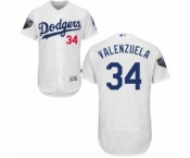 Men's Majestic Los Angeles Dodgers #34 Fernando Valenzuela White Home Flex Base Authentic Collection 2018 World Series MLB Jersey