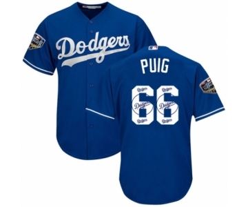 Men's Majestic Los Angeles Dodgers #66 Yasiel Puig Authentic Royal Blue Team Logo Fashion Cool Base 2018 World Series MLB Jersey