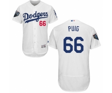 Men's Majestic Los Angeles Dodgers #66 Yasiel Puig White Home Flex Base Authentic Collection 2018 World Series MLB Jersey