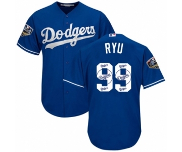 Men's Majestic Los Angeles Dodgers #99 Hyun-Jin Ryu Authentic Royal Blue Team Logo Fashion Cool Base 2018 World Series MLB Jersey