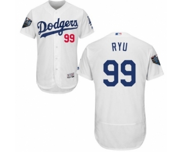 Men's Majestic Los Angeles Dodgers #99 Hyun-Jin Ryu White Home Flex Base Authentic Collection 2018 World Series MLB Jersey