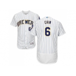 Men Milwaukee Brewers #6 Lorenzo Cain White Strip Flexbase Authentic Collection Stitched MLB Jersey