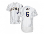 Men Milwaukee Brewers #6 Lorenzo Cain White Strip Flexbase Authentic Collection Stitched MLB Jersey